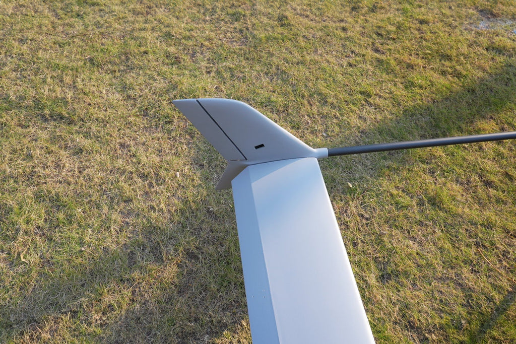 Skyeye SR260 UAV Fixed Wing Drone tail section on grass.