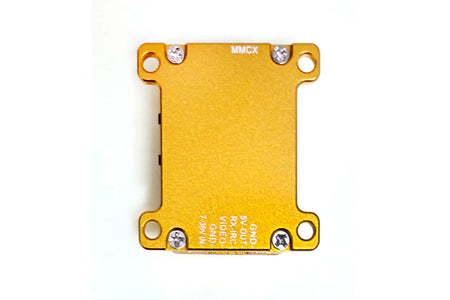A gold 4.5GHz long-range video transmitter VTX/VRX module with MMCX connector and labeled ports.