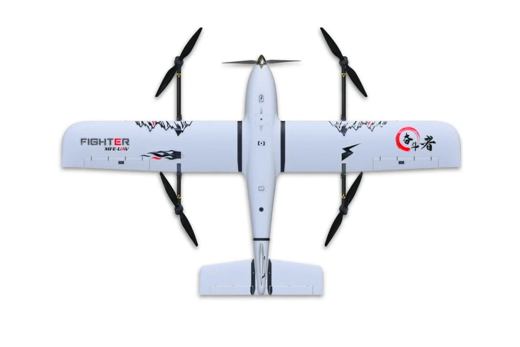 Makeflyeasy Fighter 2430mm UAV Drone VTOL with four propellers, white design featuring red and black accents.