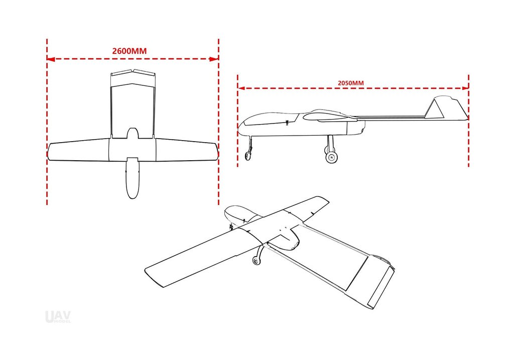 Skyeye SR260 2600mm UAV Fixed Wing Drones blueprint showing dimensions.