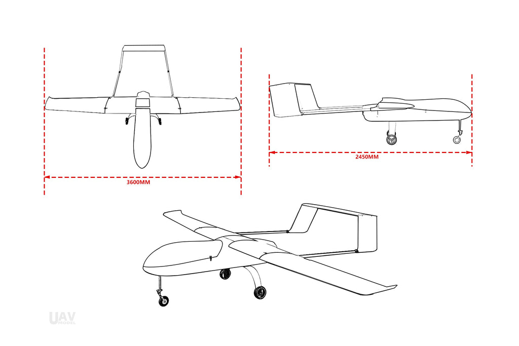 Skyeye Carbon Fiber 3600mm UAV fixed wing drone blueprint with dimensions.