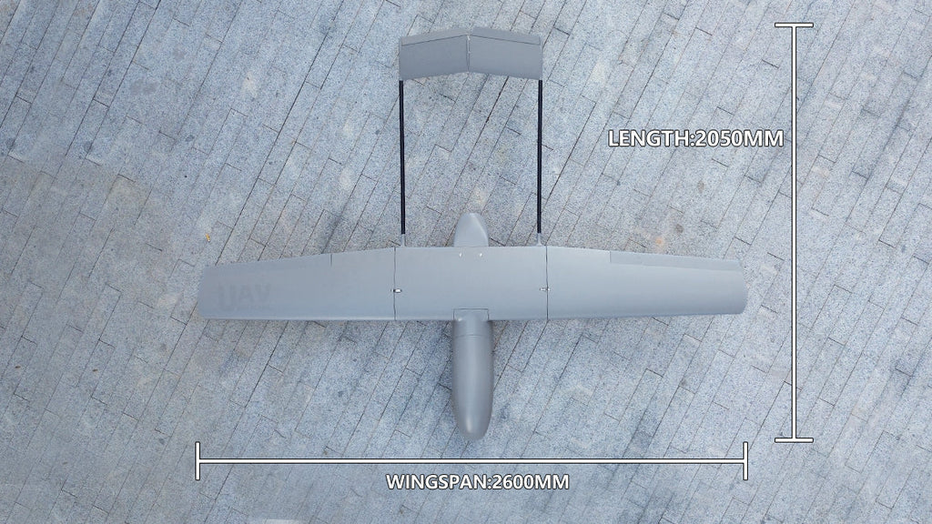 Skyeye Glass fiber UAV with measurement labels, aerial view.