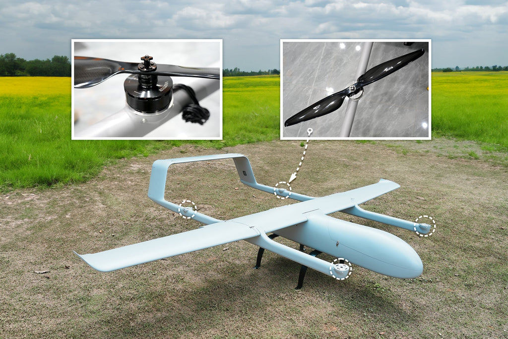 SKYEYE SV360 3600mm full carbon fiber UAV VTOL drone with propeller details, hovering over a field.