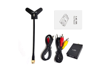 1.6GHz long range video transmitter set with antenna, cables, and user manual.