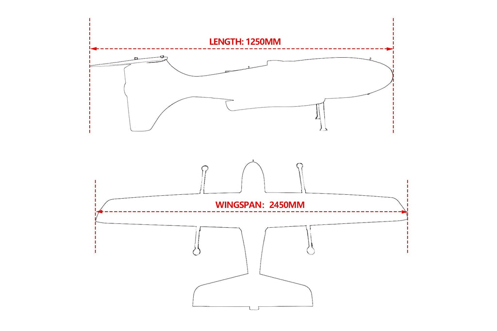 Skywalker SKY245 UAV VTOL Drone schematic with dimensions showing 1250mm body length and 2450mm wingspan.