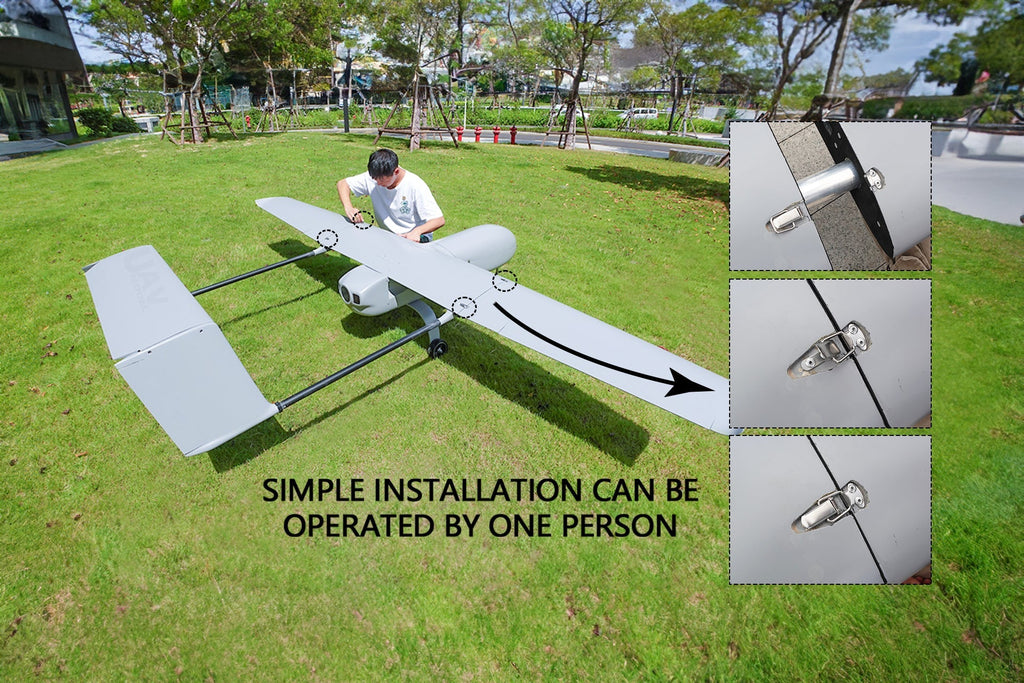 Skyeye Carbon Fiber 3600mm UAV Fixed Wing Drone with easy installation, operated by one person on grass field.