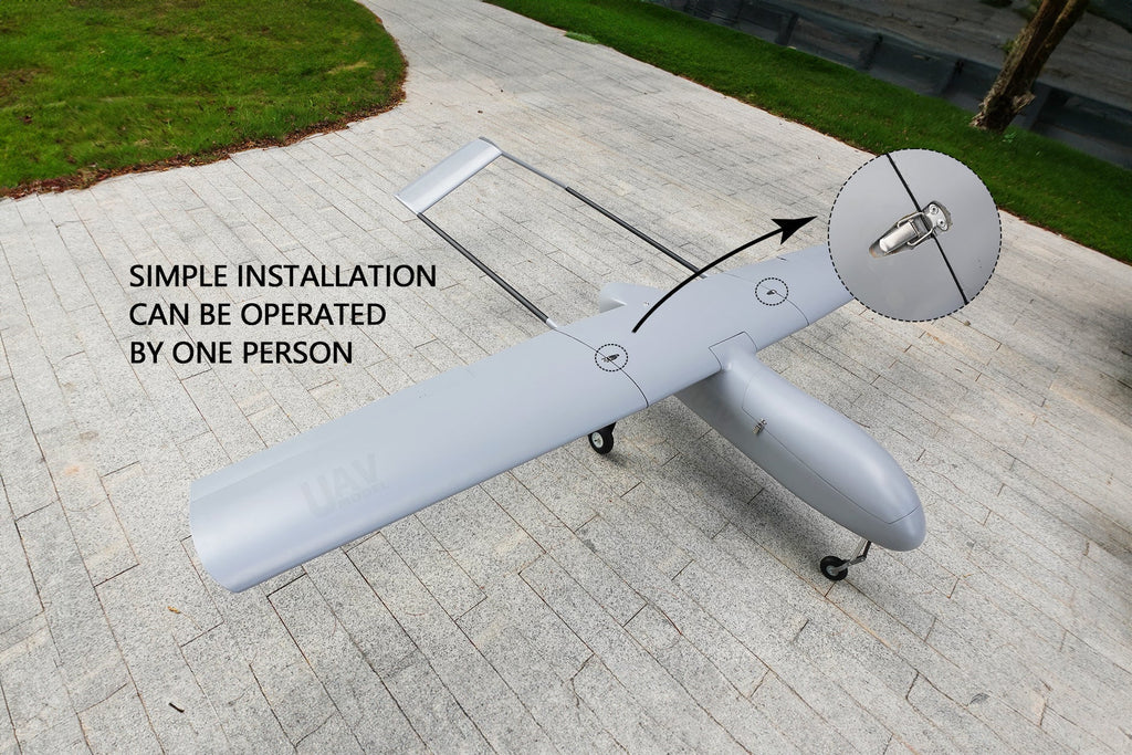 Skyeye SR260 2600mm UAV Fixed Wing Drone on a paved surface, highlighting its simple installation feature.