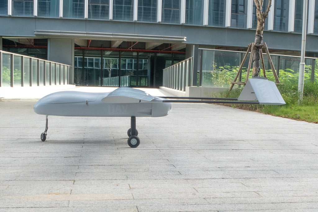 Skyeye SR260 UAV fixed wing drone on display outdoors.