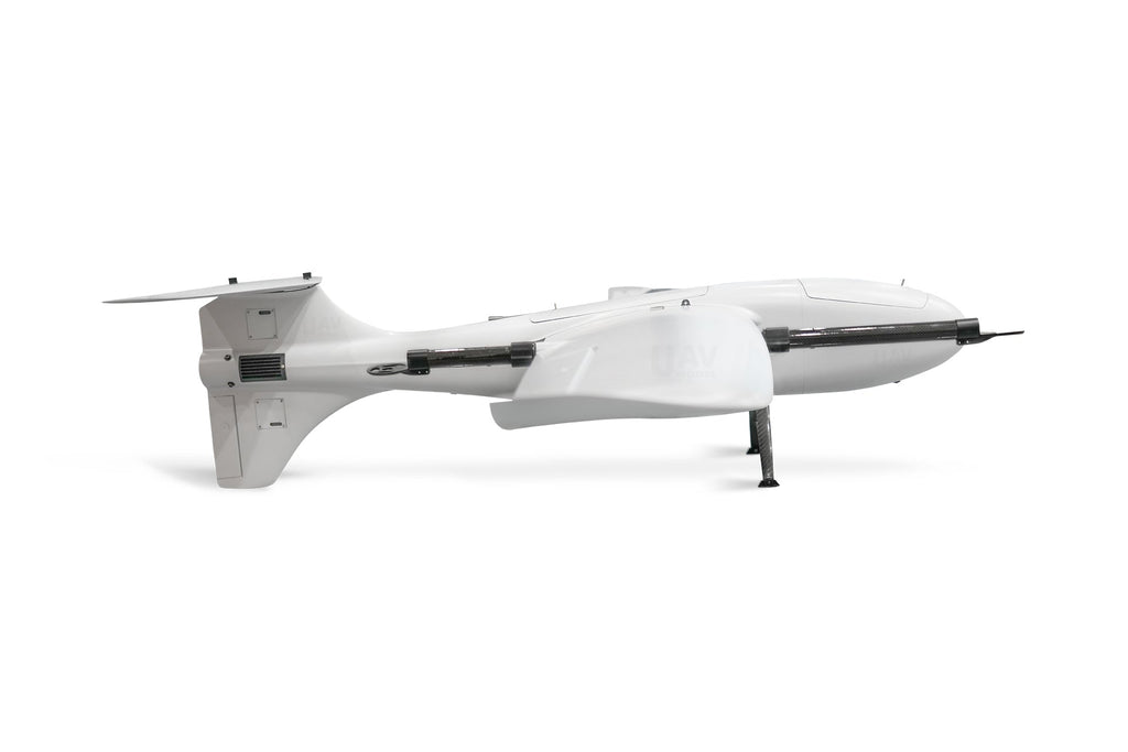 Skywalker SKY245 UAV VTOL Drone with carbon fiber body, side view.