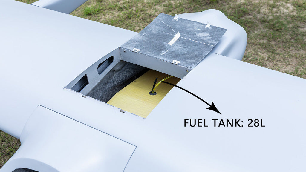 Skyeye 5000mm UAV drone with 28L fuel tank, carbon fiber body, open compartment view.