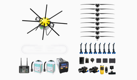 H120 Agricultural spray drone components and accessories, including propellers, nozzles, remote control, and batteries.
