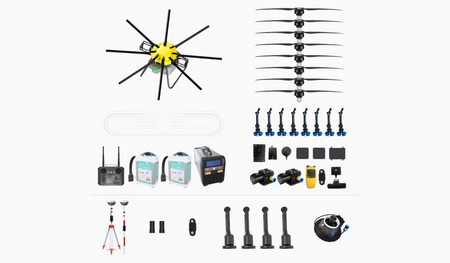 H120 Agricultural spray drone components and accessories display, including propellers, nozzles, batteries, and control equipment.