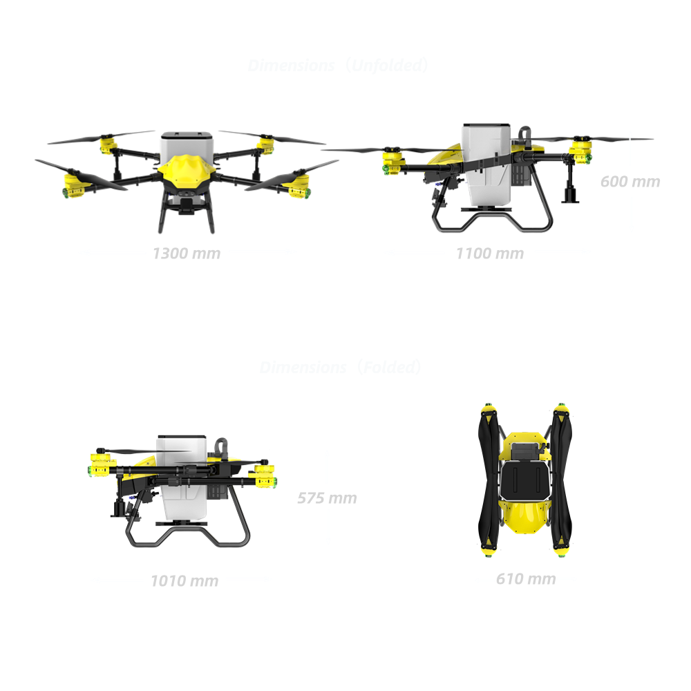H40X Agricultural drone crop spraying with dimensions; folded and unfolded views.