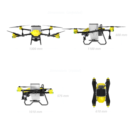 H40X Agricultural drone crop spraying with dimensions; folded and unfolded views.