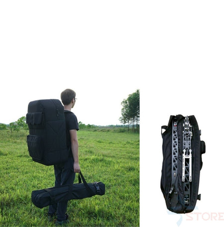 Skywalker catapult ejection rack for UAV fixed-wing aircraft launcher in a portable case being carried outdoors.