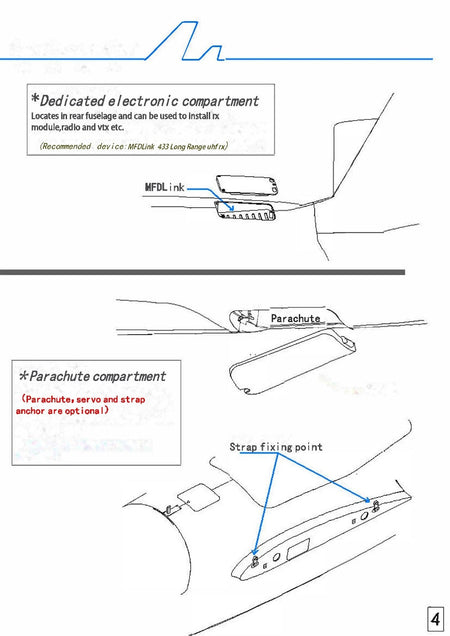 Diagram of MFD Crosswind Nimbus Pro V2 showing dedicated electronic and parachute compartments with strap fixing points for UAV fixed wing drones.