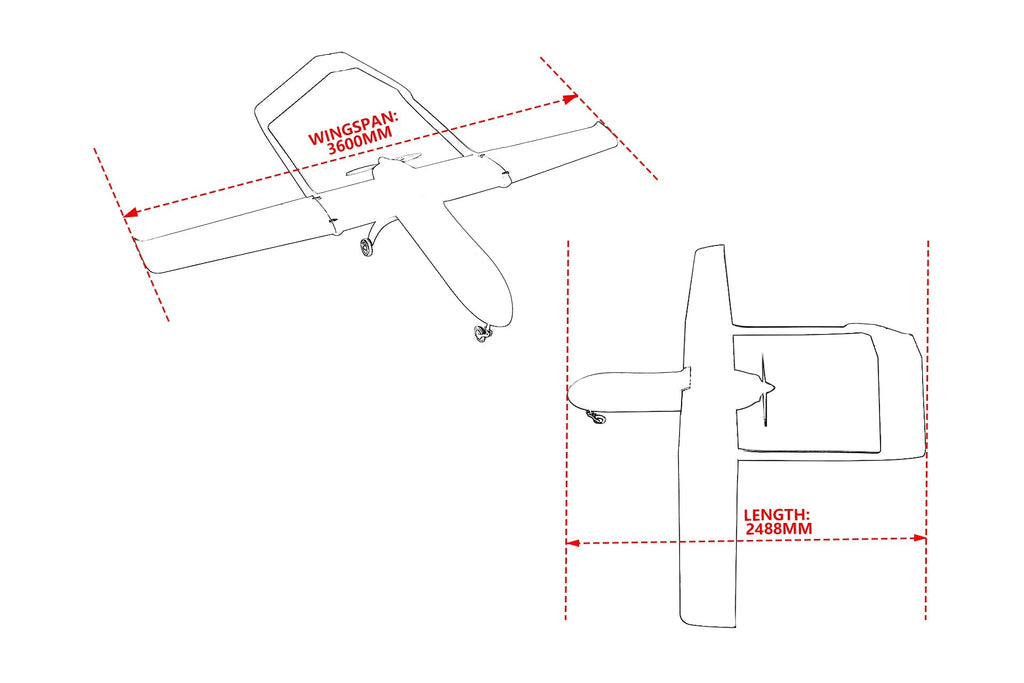 SKYEYE S360 3600MM Glass Fiber UAV Drone showing wingspan and length dimensions.