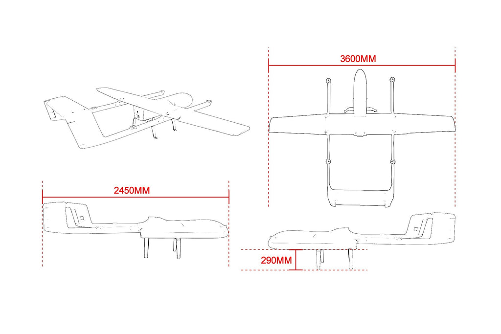 SKYEYE SV360 3600mm full carbon fiber UAV VTOL drone dimensions and design blueprint.