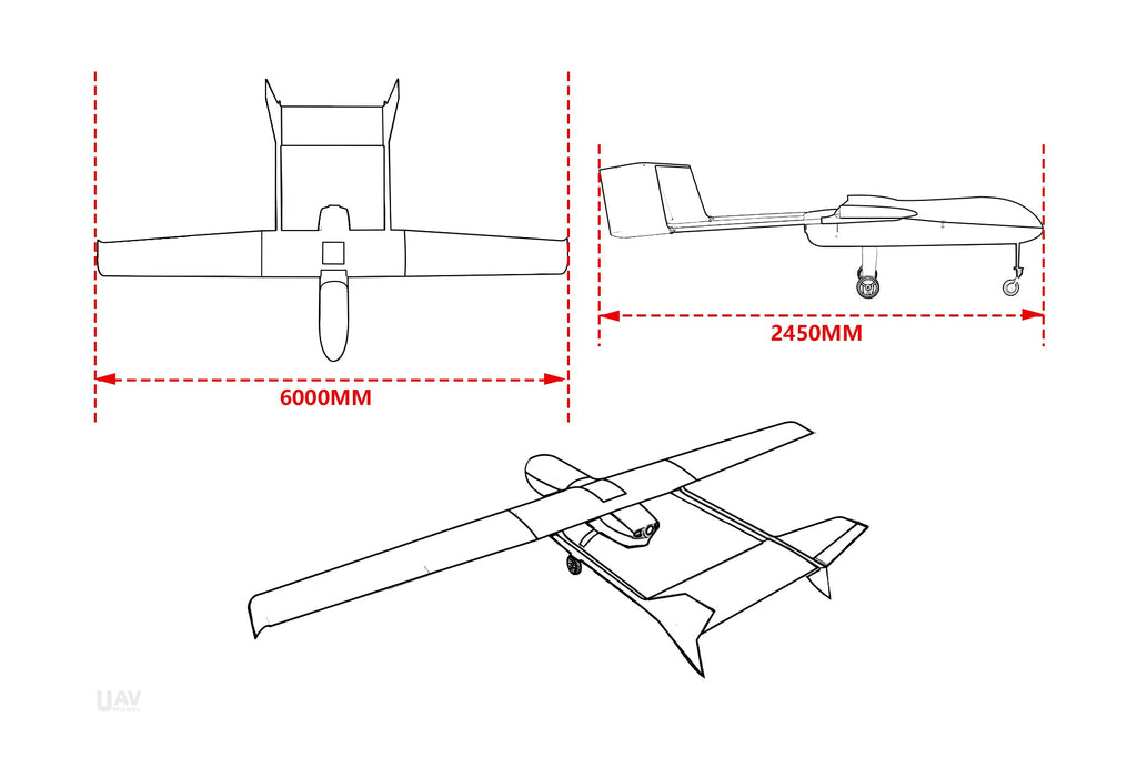 Skyeye Carbon fiber 6000mm UAV Fixed Wing Drone diagram showing dimensions.