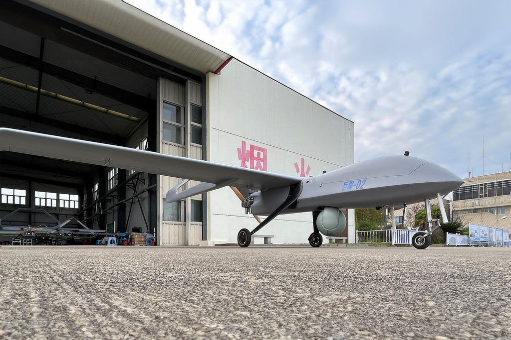 Skyeye Giant Eye 6050mm fixed wing drone in front of a hangar.
