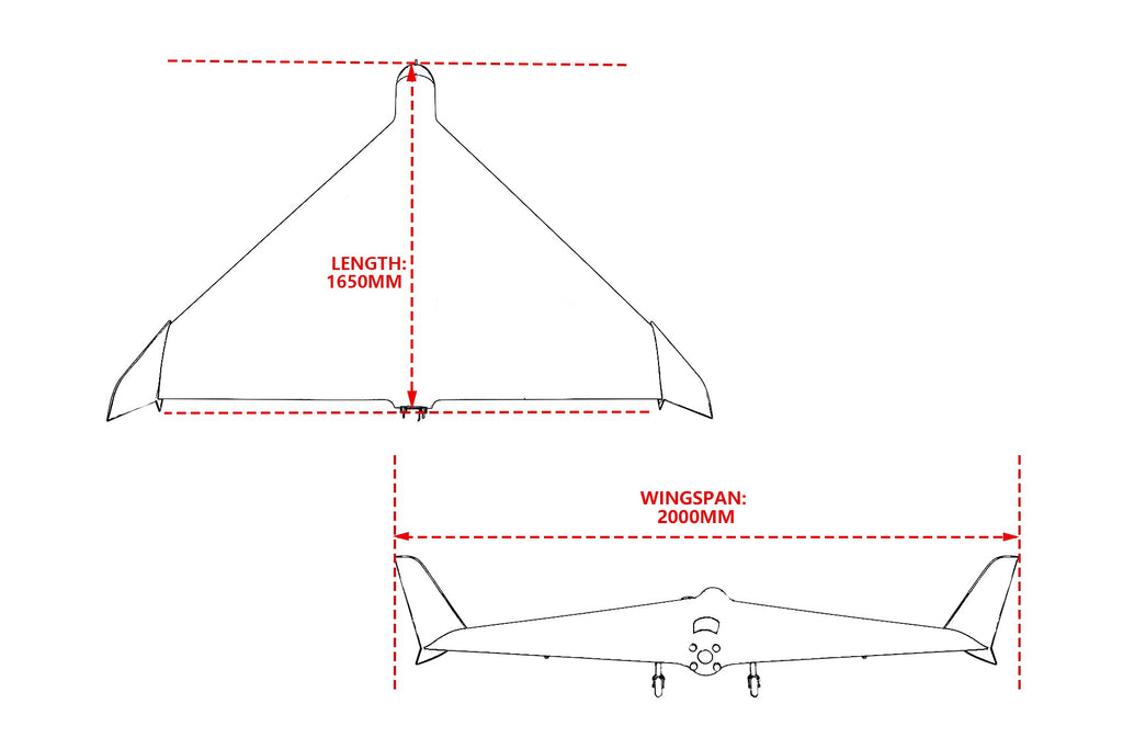 Skyeye Mosquito SM200G Delta Wing Drone dimensions: 1650mm length, 2000mm wingspan.