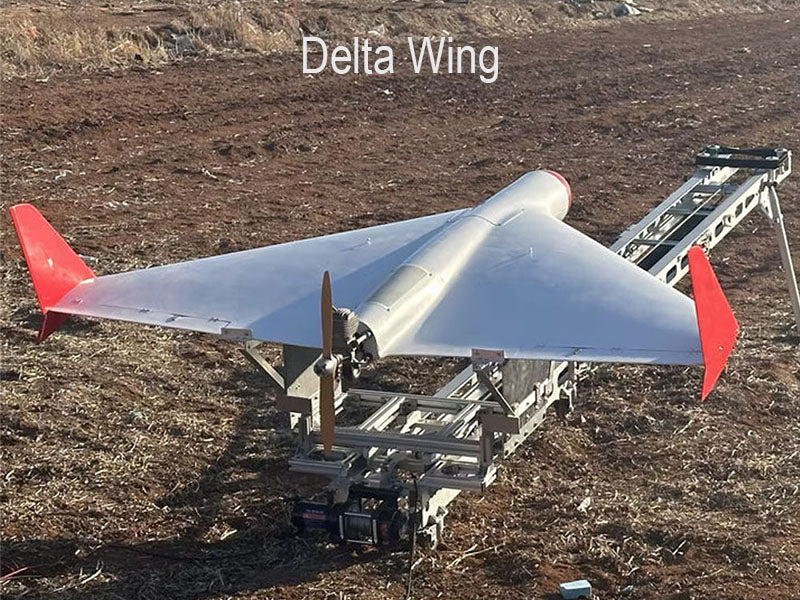 Skyeye Mosquito SM200G Delta Wing Drone on launch rail, featuring a delta wing design.