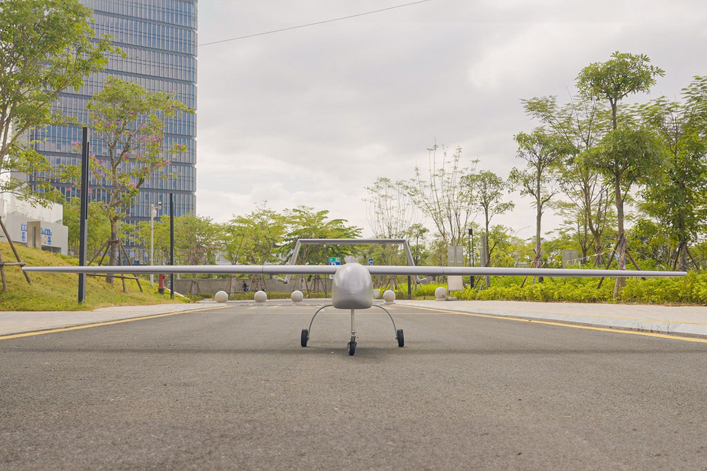 Skyeye 4500mm UAV Fixed Wing Drone on an outdoor runway, showcasing its aerodynamic design.