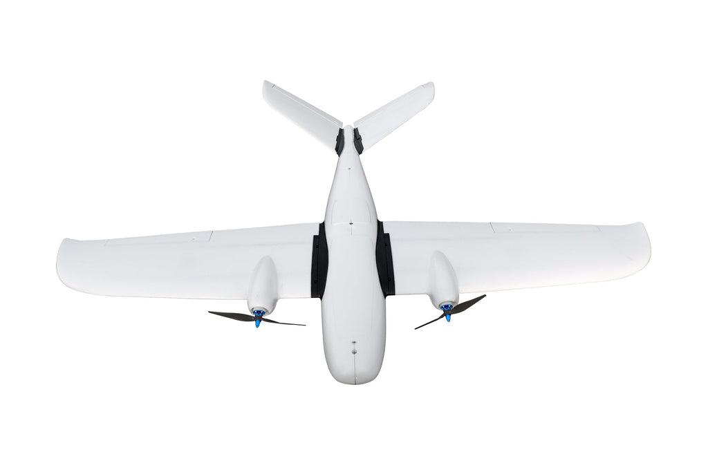 Makeflyeasy Believer 1960mm UAV Fixed Wing Drone with dual propellers, aerial view.
