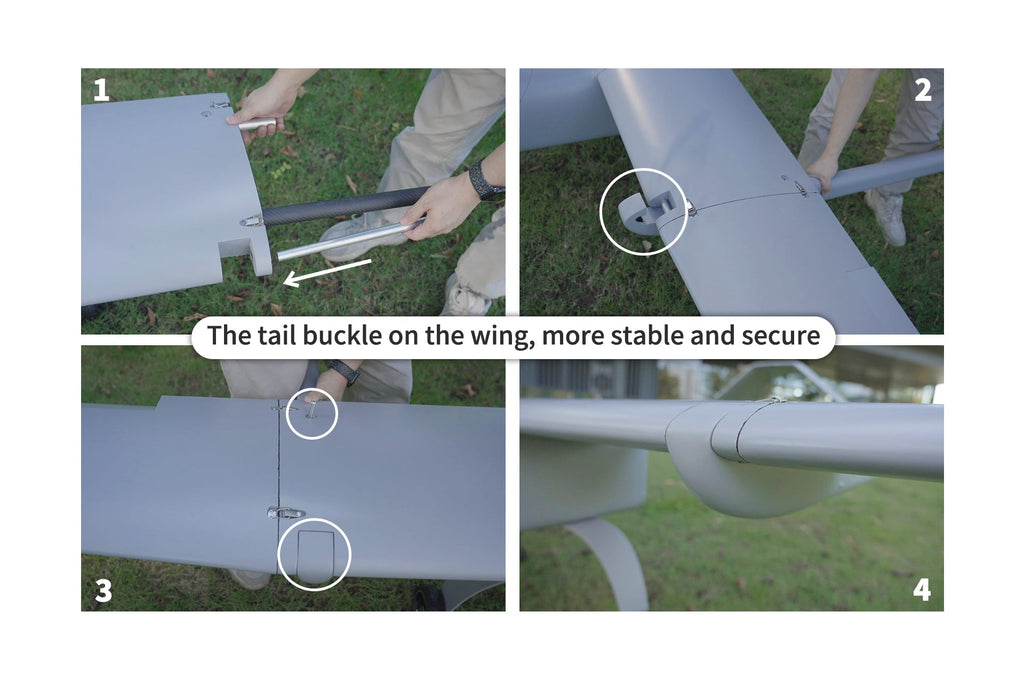 SKYEYE SV360 3600MM full carbon fiber UAV VTOL drone assembly process showing wing and tail buckle installation for stability and security.