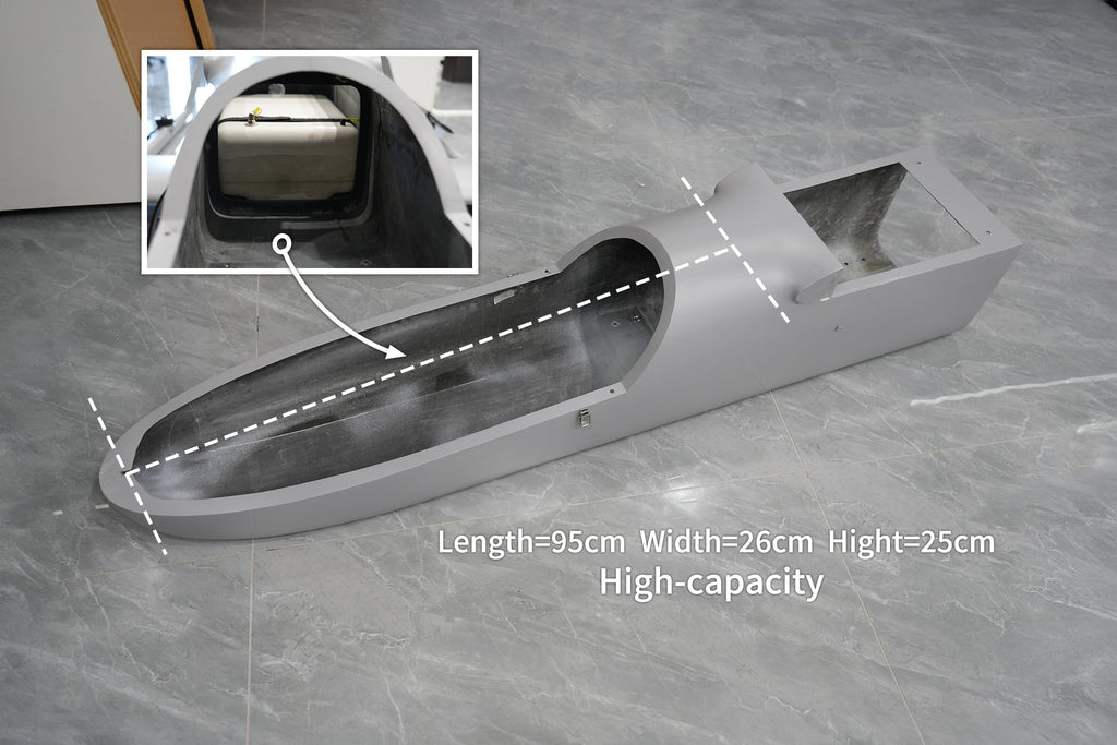 Engine compartment dimensions of the SKYEYE SV360 UAV, showcasing high-capacity space with annotations for length, width, and height.