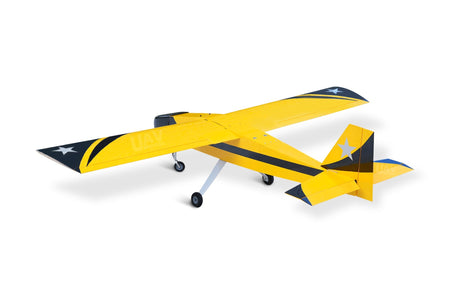 Yellow Skyeye 50cc UAV Fixed Wing practice drone, showcasing wide wingspan and robust landing gear.