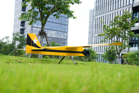Skyeye 50cc UAV fixed wing drone on grass with buildings in background.
